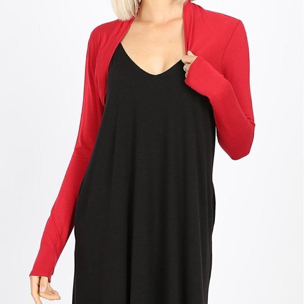 Red Zenana Ladies Long Sleeve Bolero Side Shirring Sleeve Cover Up Rayon Stretch